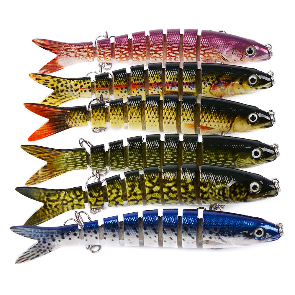 Lifelike multi-jointed pike fishing lure with realistic swimming motion, internal rattle, and steel ball casting system; ideal for attracting trophy game fish.