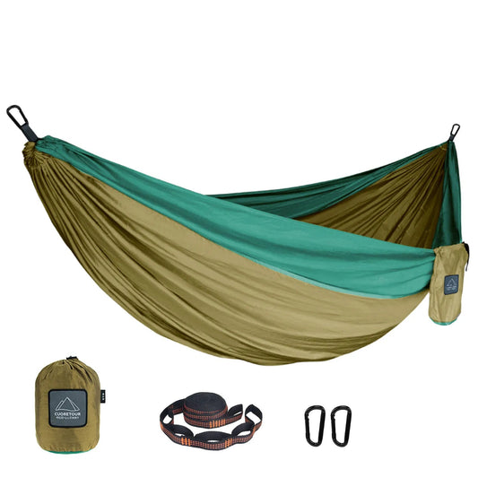 portable parachute hammock single and double outdoor camping hammock made from 210t nylon includes carabiners and tree straps lightweight compact and breathable for hiking travel backyard or indoor use