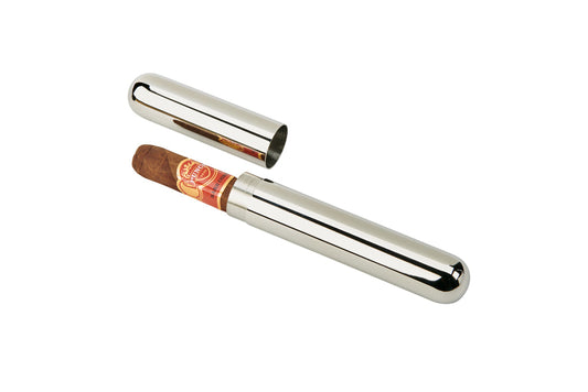 Premium stainless steel cigar tube with polished finish, fits cigars up to 8 inches, includes elegant black pouch—durable, travel-friendly case for cigar lovers.