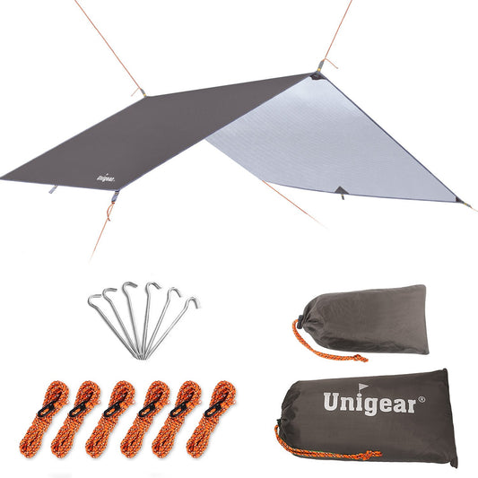 Waterproof rainproof camping tarp shelter for hiking, backpacking, and survival; durable, all-weather outdoor tarp for protection from rain, sun, and wind.