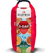 ReadyWise 3-day adventure food bag with freeze-dried meals packed in waterproof 10L dry bag for camping hiking and emergency preparedness
