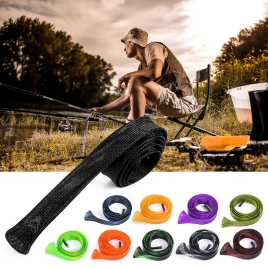 1.7m fishing rod cover made from breathable PET mesh with heat resistance up to 120°C. Features expandable sleeve, quick-remove collar, and hanging ring for easy storage and transport.