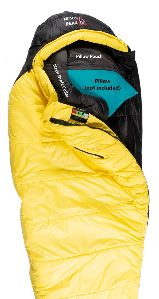 A yellow sleeping bag with a black hood, featuring a zipper and a built-in draft tube