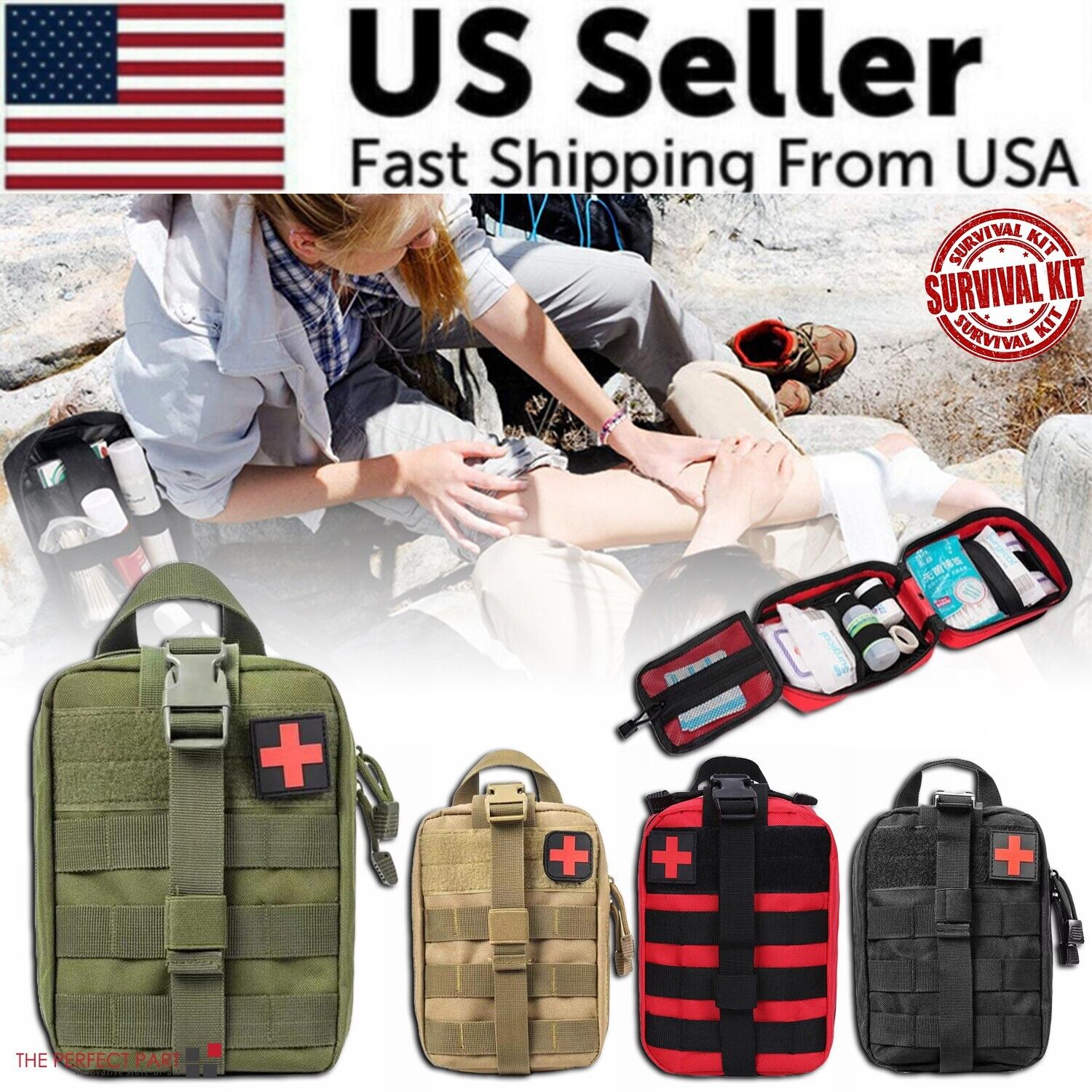 Tactical Molle EMT first aid pouch in black, rip-away design with hook-and-loop panel, durable 1000D nylon material. Opens flat with mesh compartments, fits on backpacks and tactical gear.