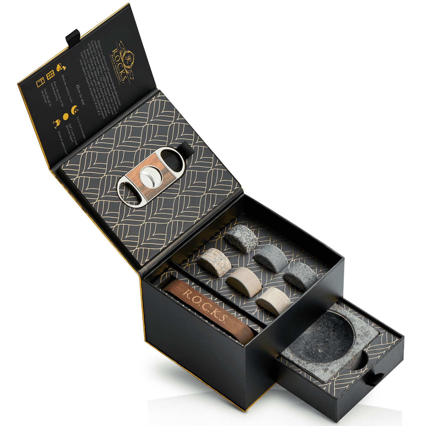 The Gentleman’s Set featuring round whiskey stones and a solid granite cigar ashtray; luxury gift set for cigar aficionados and whiskey lovers—perfect for home bars and special occasions.