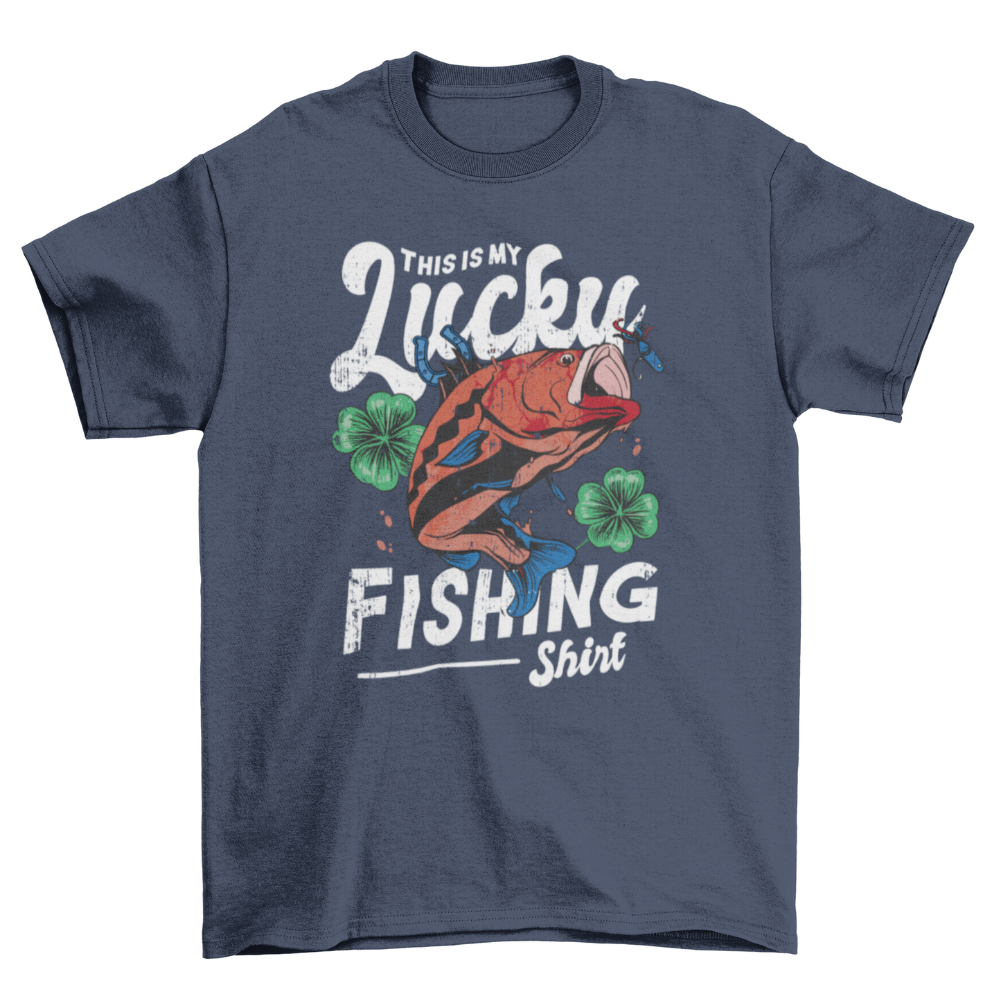 “This Is My Lucky Fishing Shirt” t-shirt with fish graphic and green shamrocks; soft cotton blend, unisex fit—fun and lucky gift for fishing enthusiasts.