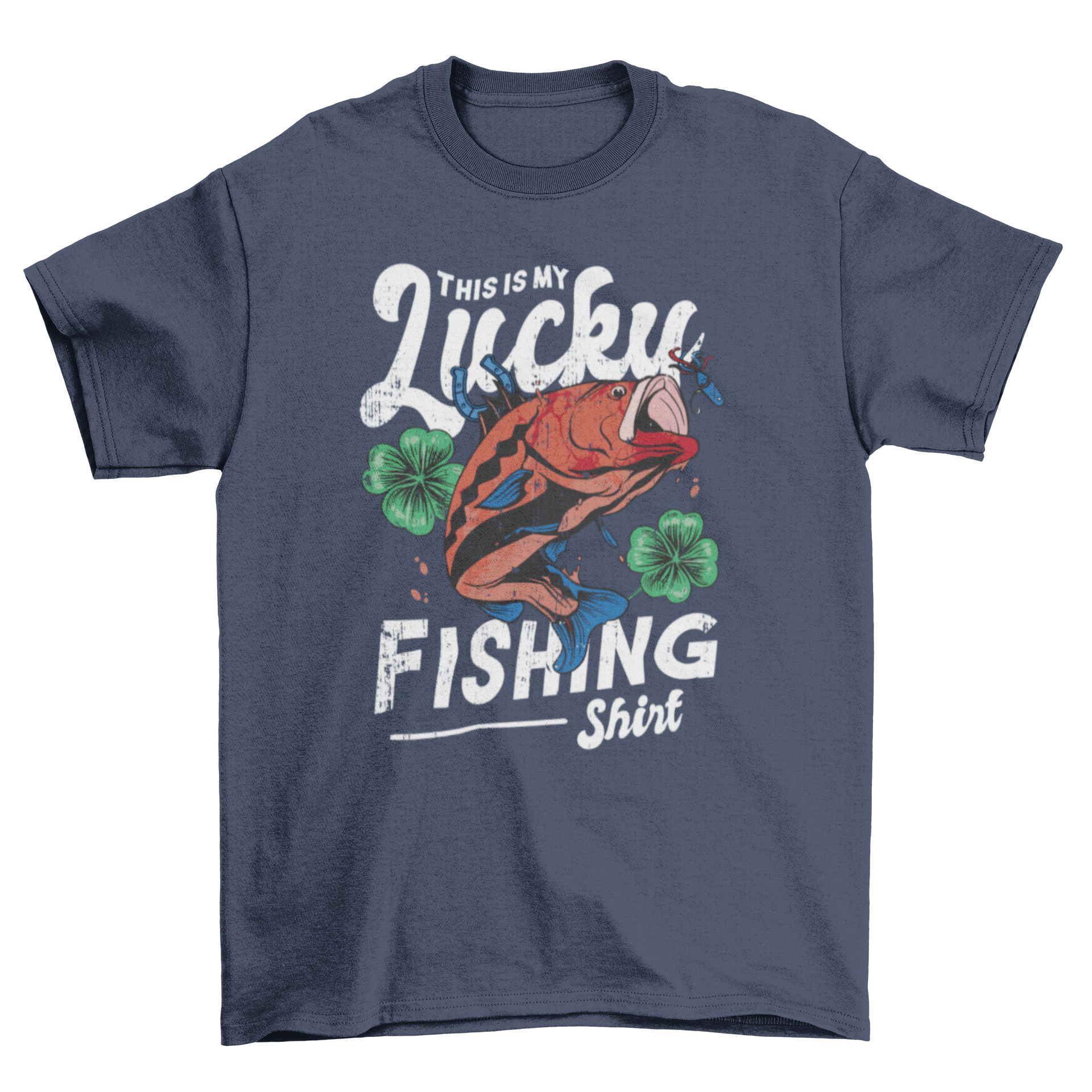 “This Is My Lucky Fishing Shirt” t-shirt with fish graphic and green shamrocks; soft cotton blend, unisex fit—fun and lucky gift for fishing enthusiasts.