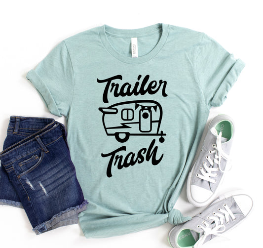 Trailer Trash t-shirt with funny camping and RV life graphic on soft Bella+Canvas unisex tee perfect for campers RVers and nomads