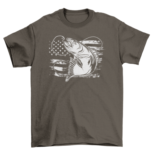 Dark Chocolate patriotic tee with fish and hook graphic on faded U.S. flag.
