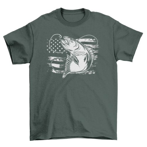 Forest Green fishing shirt with distressed flag and bold fish-and-hook graphic.