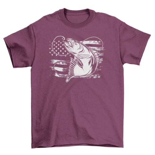 Maroon fishing tee with patriotic fish and hook design over vintage flag.