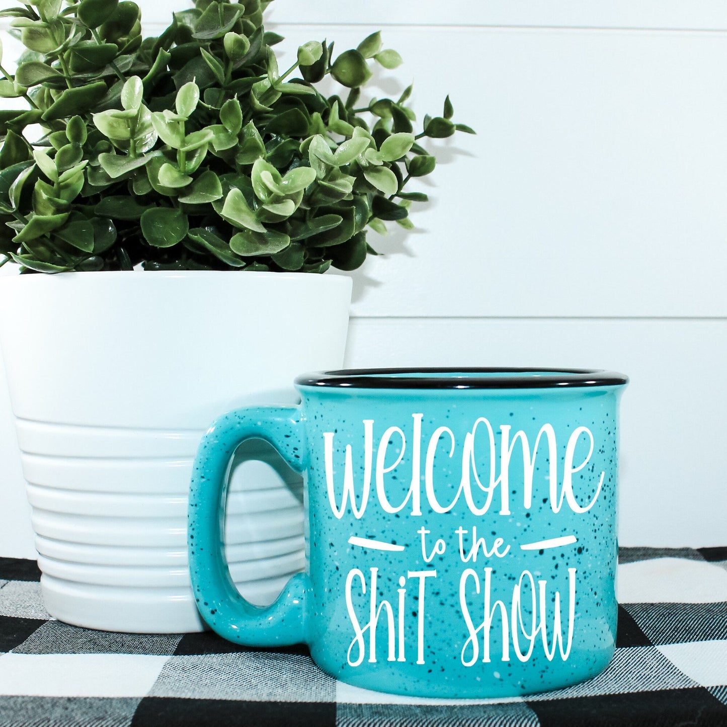 15oz ceramic campfire mug with “Welcome to the Shit Show” graphic, microwave safe—perfect for camping, coffee, and humorous gifting.