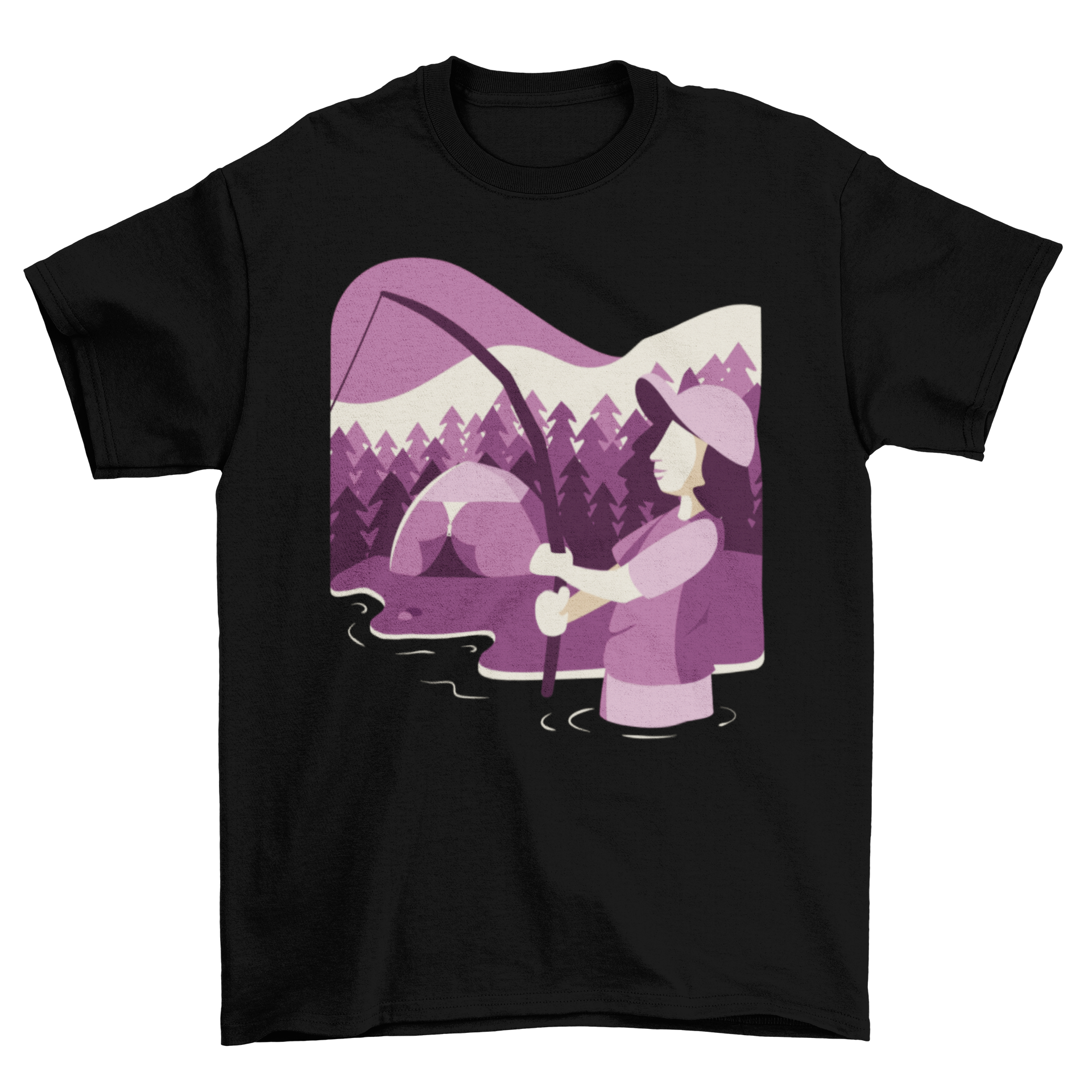 Women’s fishing t-shirt featuring a scenic camping and fishing graphic; soft cotton blend, comfortable fit, perfect for female anglers and outdoor enthusiasts.