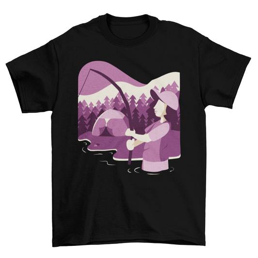 Women’s fishing t-shirt featuring a scenic camping and fishing graphic; soft cotton blend, comfortable fit, perfect for female anglers and outdoor enthusiasts.