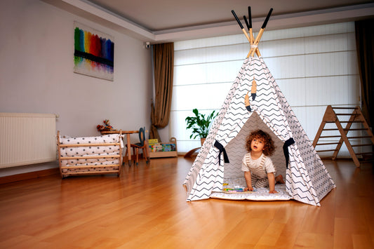 XL toddler teepee tent with matching padded play mat, made from natural pine wood and linen-cotton blend fabric; perfect for kids’ indoor or outdoor play.
