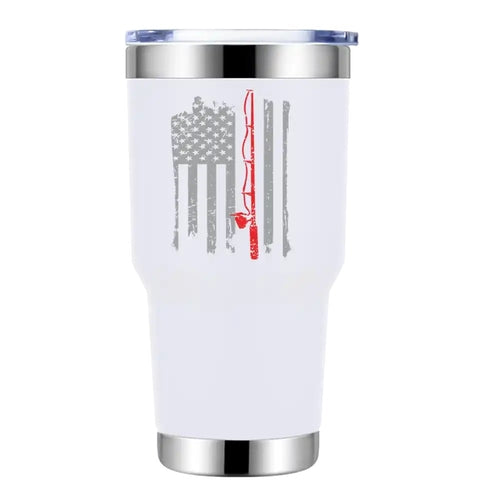 Fishing Rod American Flag 30oz Insulated Tumbler – Patriotic Stainless Steel Travel Mug for Hot &amp; Cold Drinks