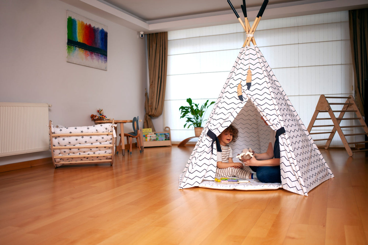 XL Kids Teepee Tent & Play Mat Set – Portable Indoor/Outdoor Linen-Cotton Playhouse for Toddlers (2-Piece Set)